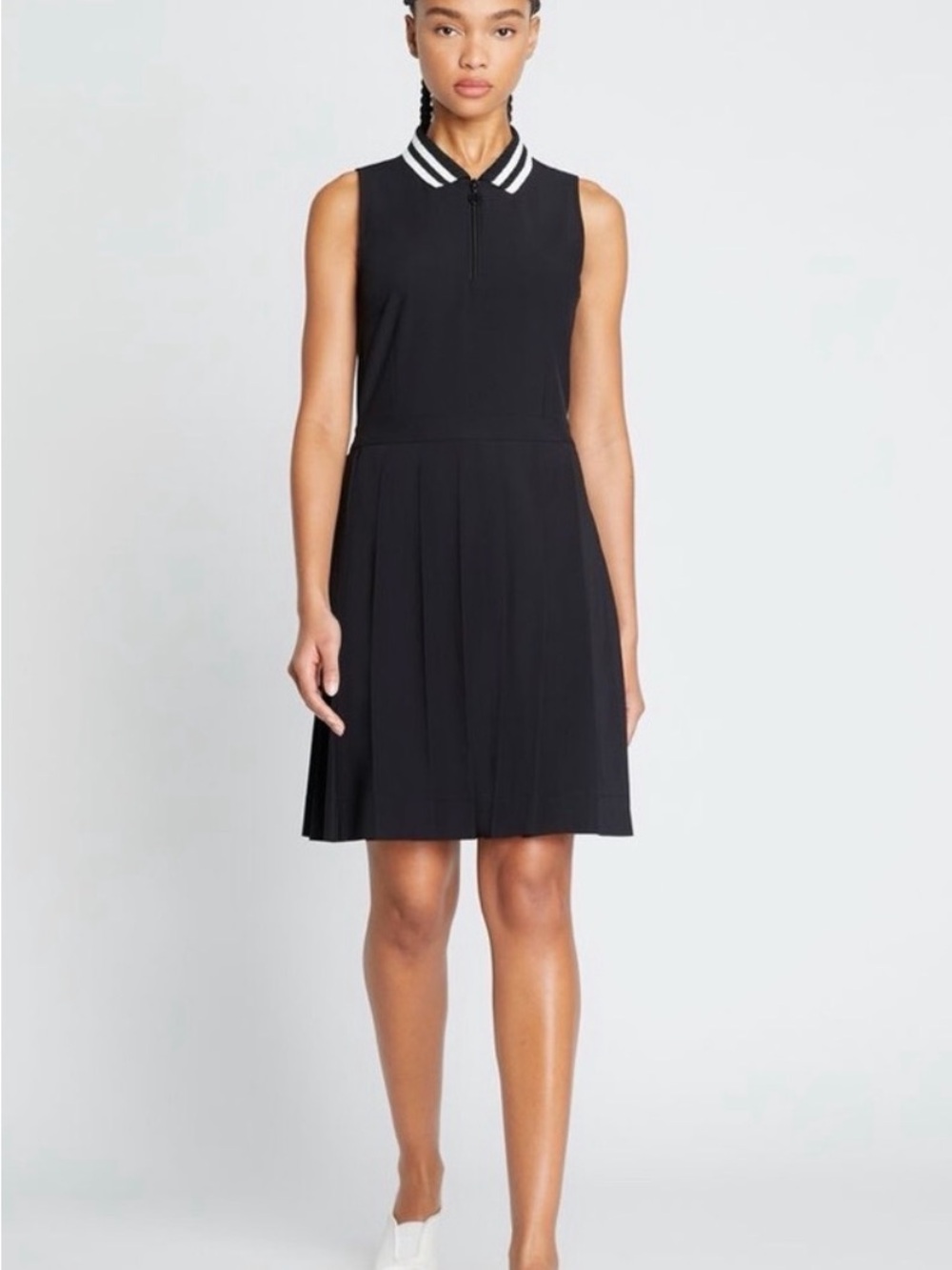 Tory Sport Black Sleeveless Pleated Polo Zip Dress with White-Striped Collar - Picture 1 of 5
